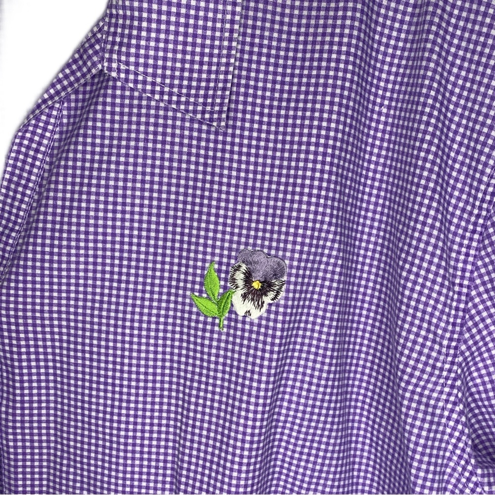 Laso 3XL Purple Check Button Down 3/4 Sleeve w/ Floral Embroidery ~Vintage~ - Picture 4 of 5